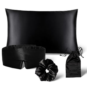 The Sensual sleep bundle - Black Jade by drowsysleepco, featuring a black satin Silk Pillowcase, Silk Sleep Mask, scrunchie, and drawstring pouch, is elegantly displayed on a white background.