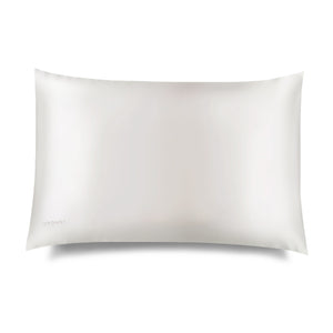 A rectangular, white Akoya Pearl Silk Pillowcase by drowsysleepco is shown against a white background. This hair-protecting, smooth and subtly lustrous accessory appears soft and luxurious, with the brand name faintly visible in one corner.