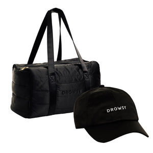 The Drowsy Roadtrip bundle - Black Jade includes a black duffel bag and baseball cap with DROWSY in white text, shown on a plain white background.