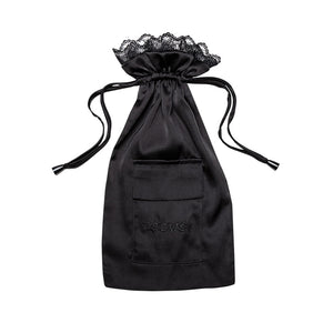 Introducing the Paris Love Story Carry Pouch by drowsysleepco: a black satin drawstring bag featuring couture-inspired lace trim, a convenient front pocket embroidered with “DROWSY,” and designed to beautifully complement your favorite silk sleep mask—all showcased against a white background to evoke the timeless elegance of a Paris Love Story.