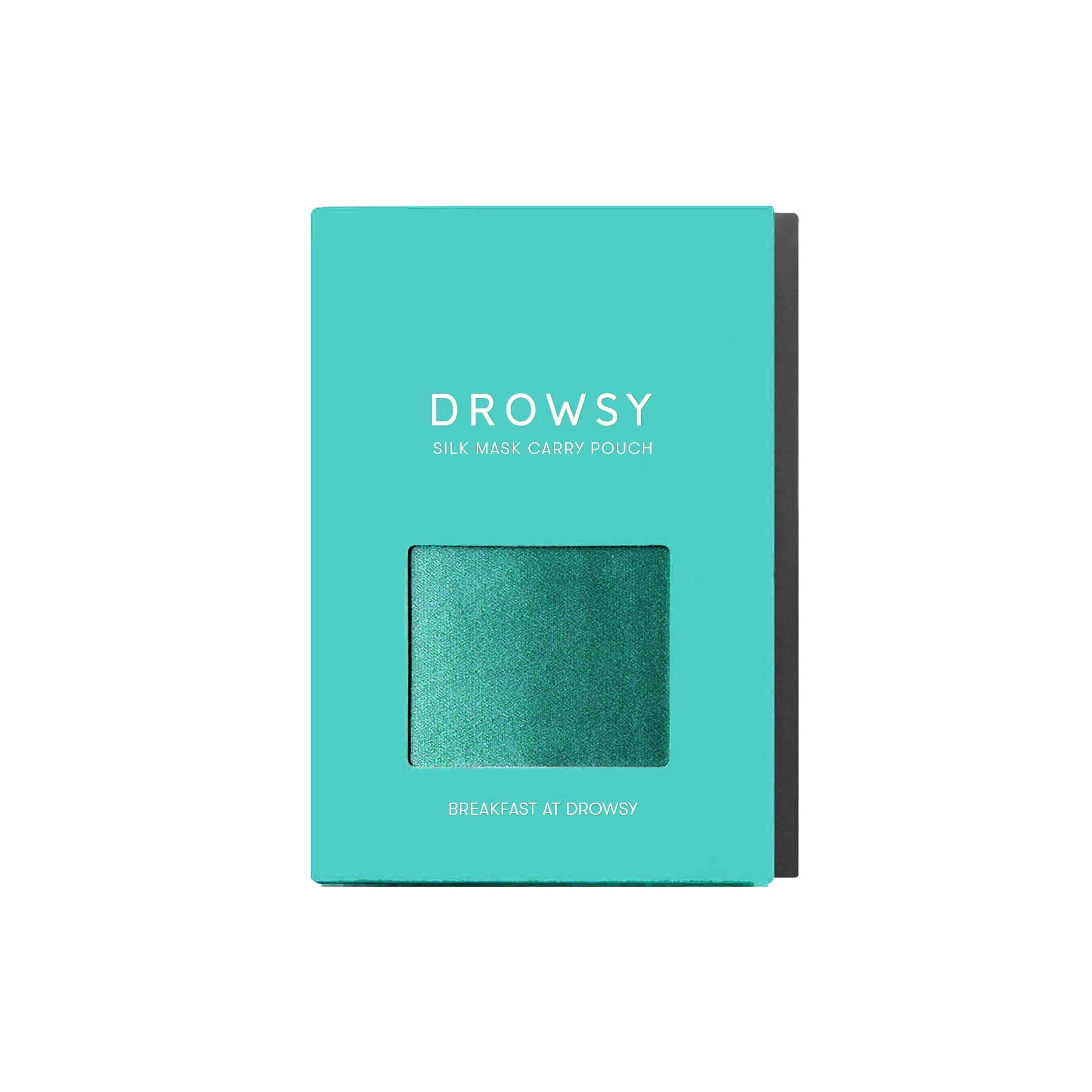 A turquoise box labeled Breakfast at Drowsy Carry Pouch by drowsysleepco features a small window showing mulberry silk, with the product name displayed near the bottom.