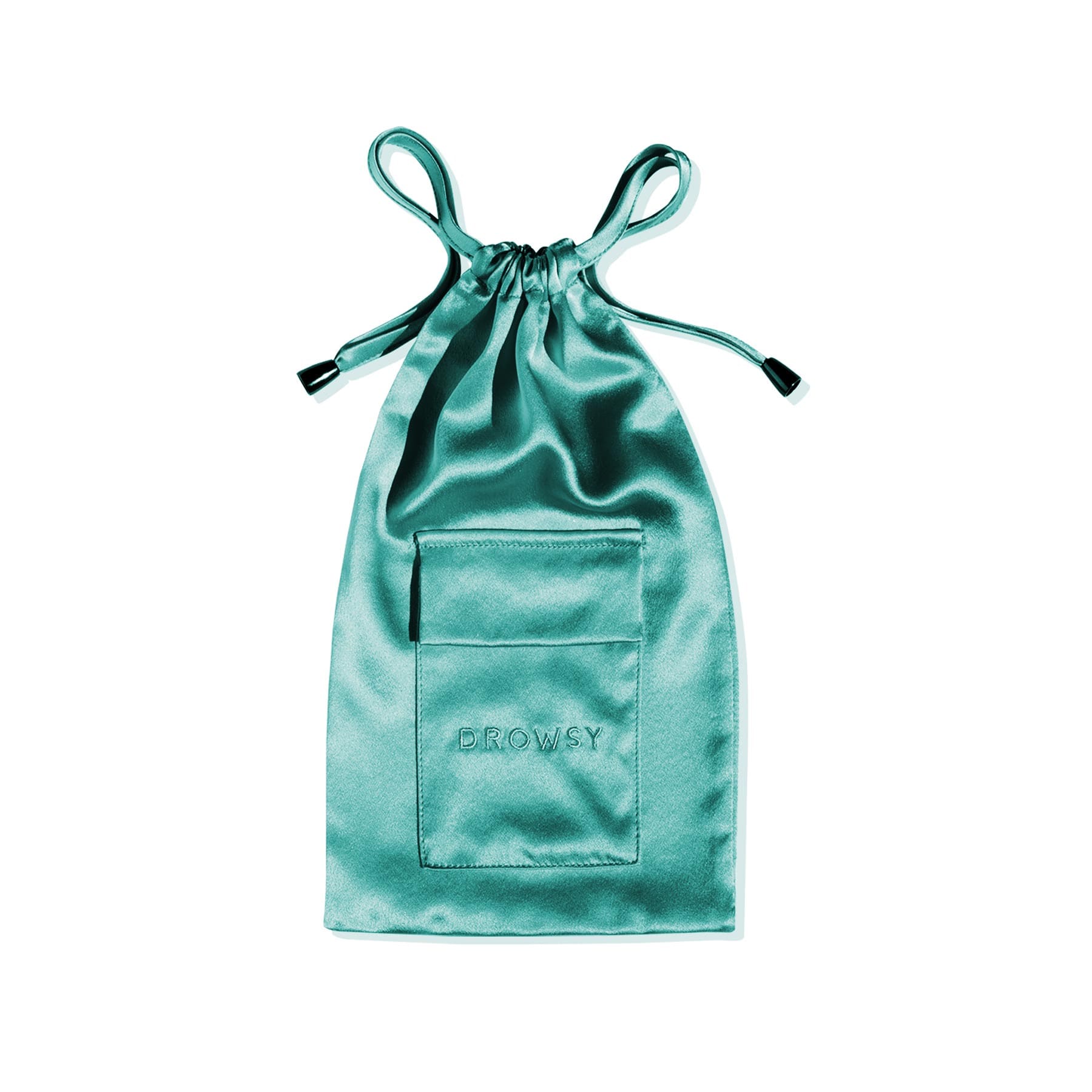 The Breakfast at Drowsy Carry Pouch by drowsysleepco is a teal satin silk pouch with a front pocket and DROWSY embroidered on it—ideal for storing your favorite sleep mask, shown against a white backdrop.