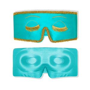 The Breakfast at Drowsy Eyelash Protecting Mask by drowsysleepco is a turquoise satin sleep mask with gold trim, embroidered closed eyes, and built-in eye cushions for comfort. Shown from the front and back.