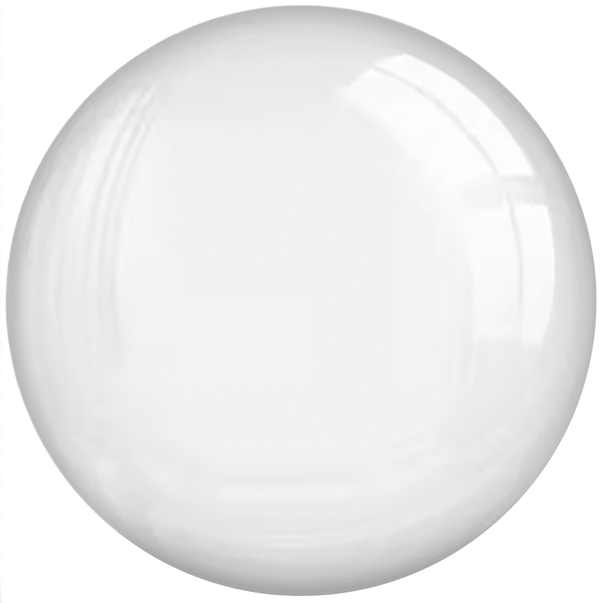 A shiny, transparent glass sphere with smooth reflections and highlights on its surface, set against a plain white background.