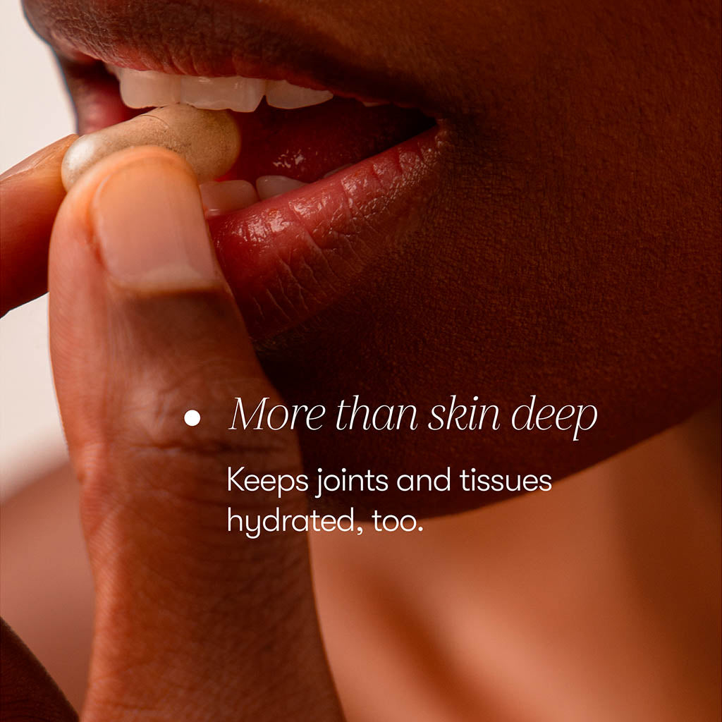 A close-up of a person holding a beige pill near their lips. Overlaid text: drowsysleepco Supplements - Beauty Sleep Clinic supports healthy skin, joints, and tissues—because beauty is more than skin deep.