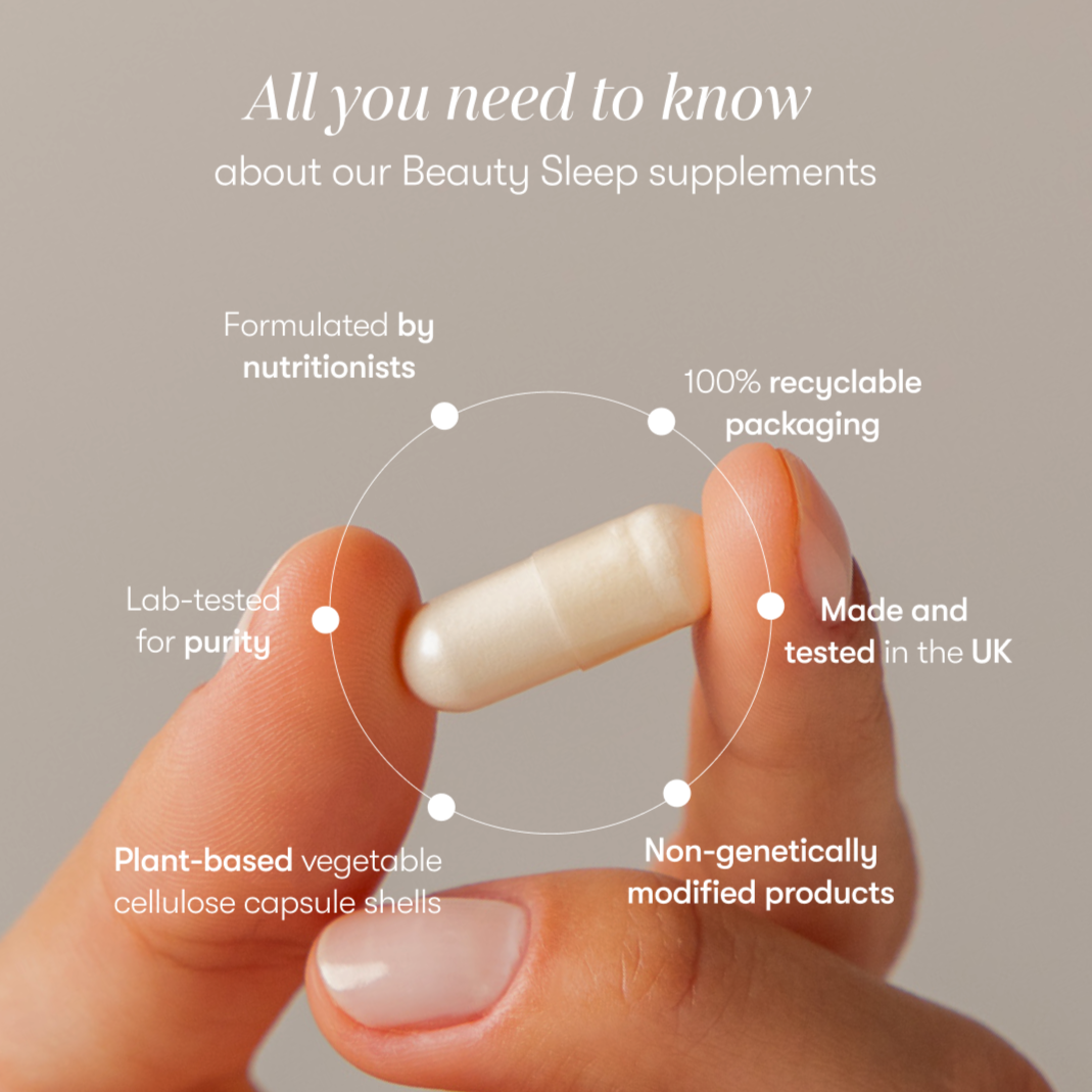 Close-up of fingers holding a Beauty Sleep Clinic capsule by drowsysleepco, with text: formulated by nutritionists, recyclable packaging, lab-tested, made in the UK, plant-based shell, and non-GMO for restorative sleep.