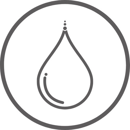 A simple gray outline of a water droplet is centered inside a gray circle on a light gray background. The droplet has two small dots above it and a curved line inside, suggesting a highlight.