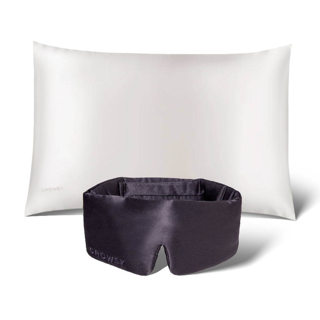 The drowsysleepco Perfect Skin Bundle Grey Moonlight Shadow, featuring a luxurious white silk pillowcase and grey silk sleep mask, is elegantly displayed on a white background—ideal for restful nights and glowing skin.