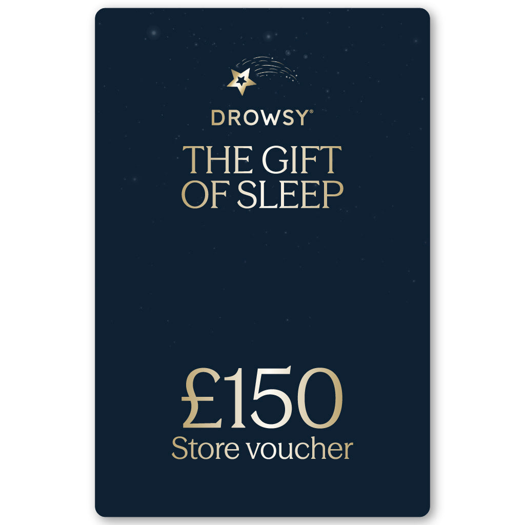 A dark blue drowsysleepco Sleep Gift Card with gold text, "The Gift of Sleep £150 Store Voucher," and a shooting star above the brand logo—perfect for restful nights at the drowsysleepco online store.