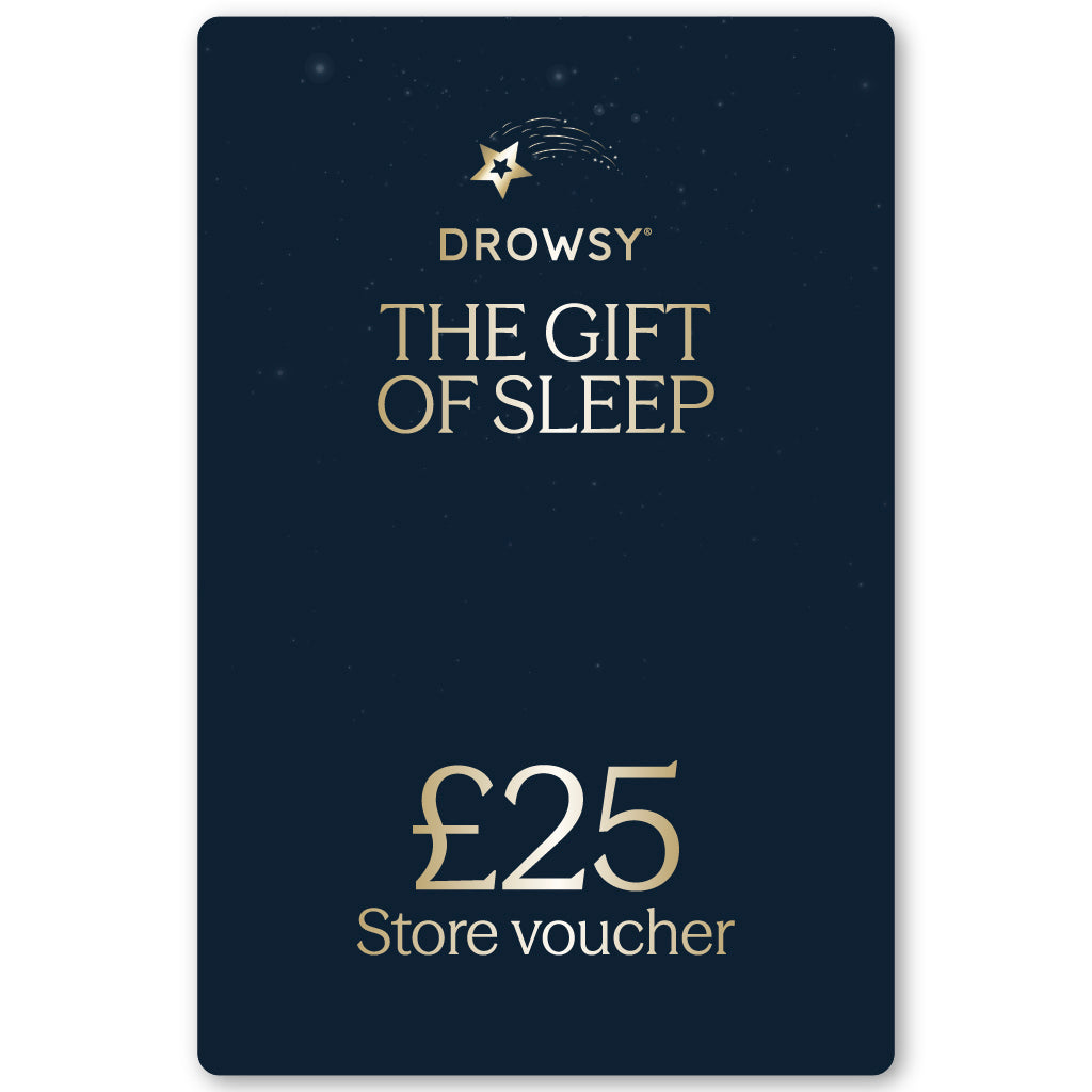 A £25 dark blue Sleep Gift Card by drowsysleepco, with "THE GIFT OF SLEEP" and a star logo above, and "Store voucher" below in gold lettering.