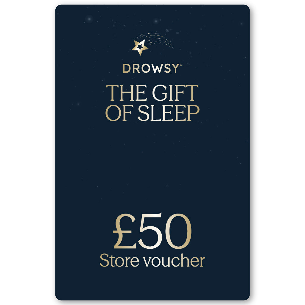 A dark blue Sleep Gift Card from drowsysleepco features “The Gift of Sleep” and “£50 Store Voucher” in gold, with a shooting star logo above the brand name—an ideal online gift for restful nights.