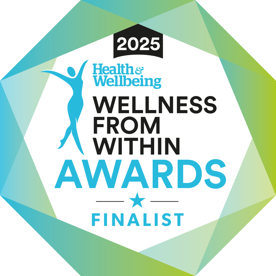 2025 Health & Wellbeing Wellness From Within Awards Finalist badge featuring a stylized figure and geometric border in blue and green tones.