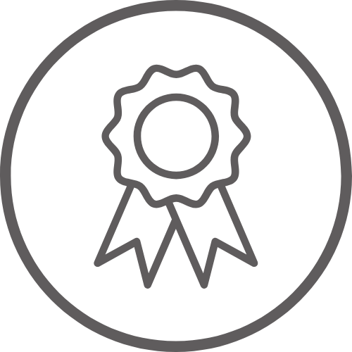 A simple black outline of an award ribbon with two tails, enclosed in a circular border on a light gray background.