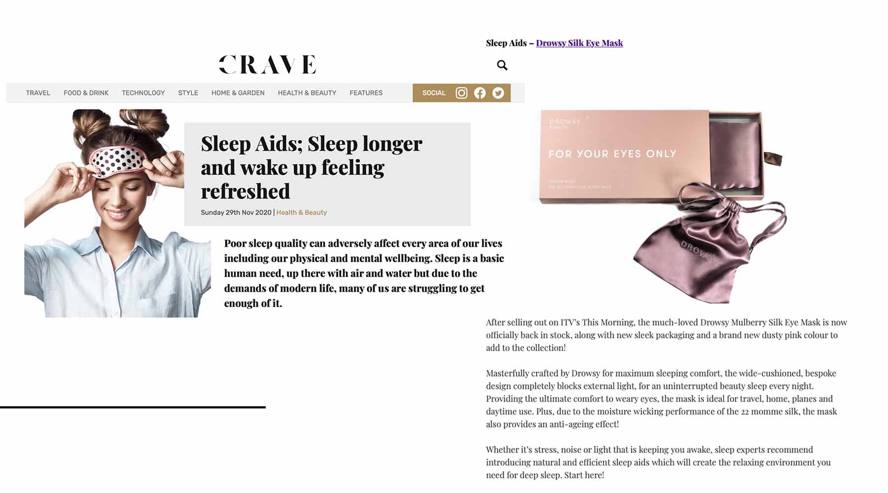 Collection of screen shots from article featuring Drowsy Sleep Co on the Crave website.