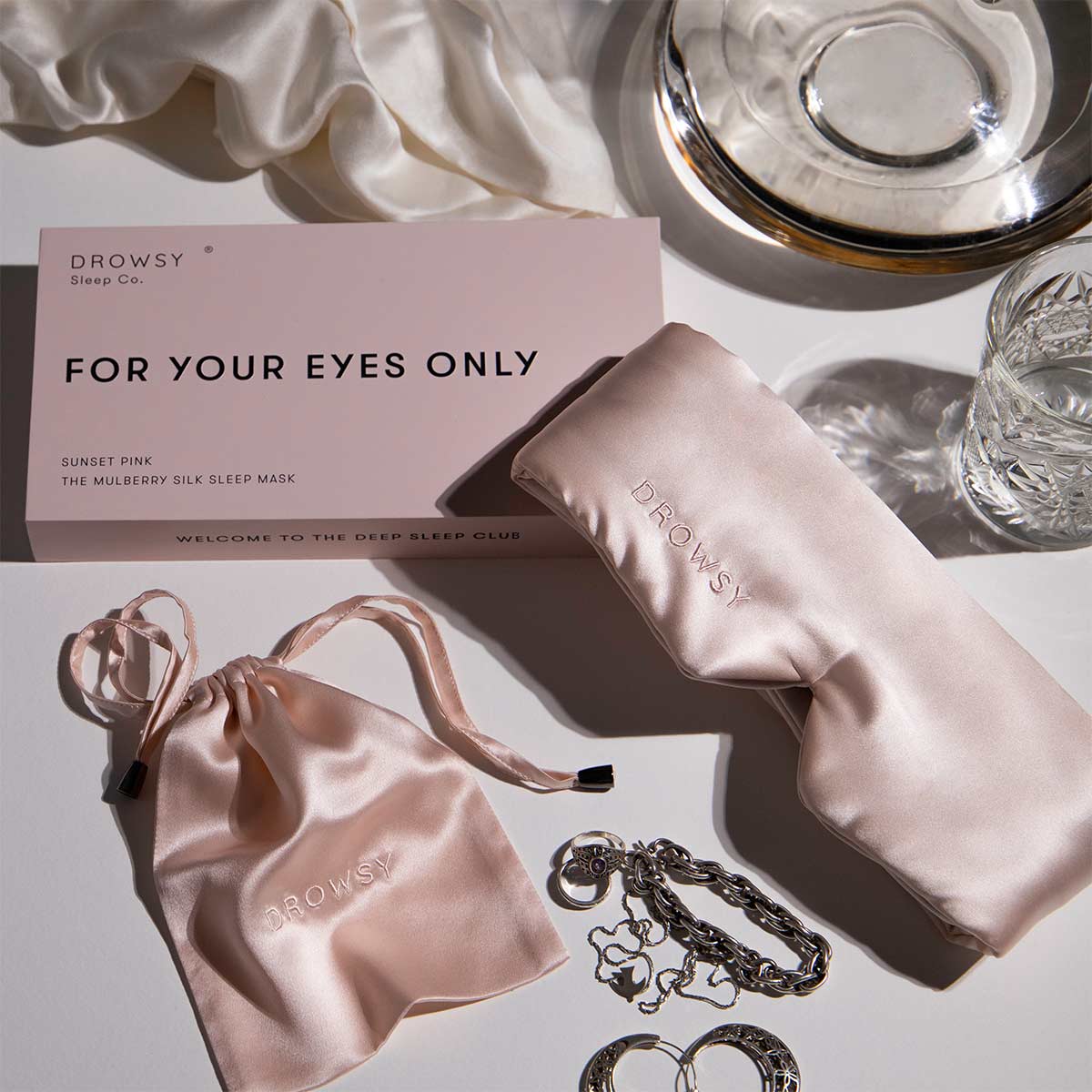 Drowsy sleep co sleep mask with silk carry pouch and jelwery