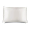 A rectangular, white Akoya Pearl Silk Pillowcase by drowsysleepco is shown against a white background. This hair-protecting, smooth and subtly lustrous accessory appears soft and luxurious, with the brand name faintly visible in one corner.