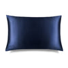 The drowsysleepco Midnight Blue Silk Pillowcase, shown on a white background, offers skincare and hair protection benefits with its smooth, rectangular design in dark navy blue silk.