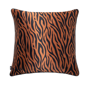 The drowsysleepco Rajah Bundle includes a square throw pillow with bold brown and black tiger stripes, wavy lines, and a small black fabric tag on one side.