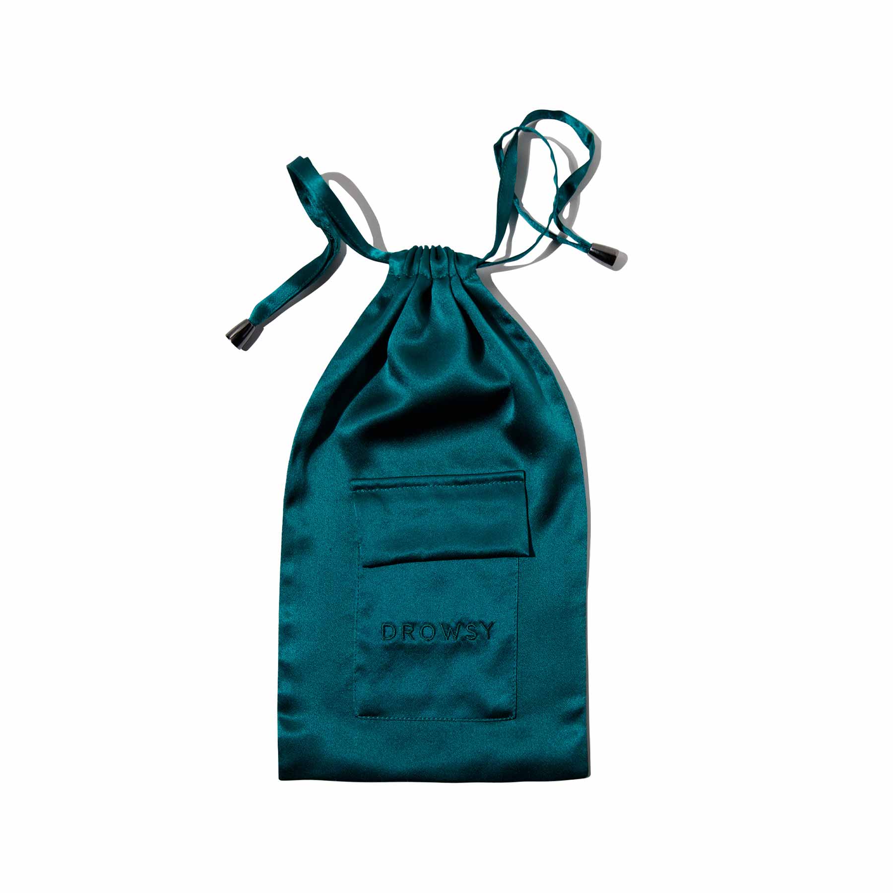 The Green Sapphire Silk Carry Pouch by drowsysleepco is a green satin drawstring pouch with a small front pocket and DROWSY embroidered, designed to hold your silk sleep mask. Shown against a white background.