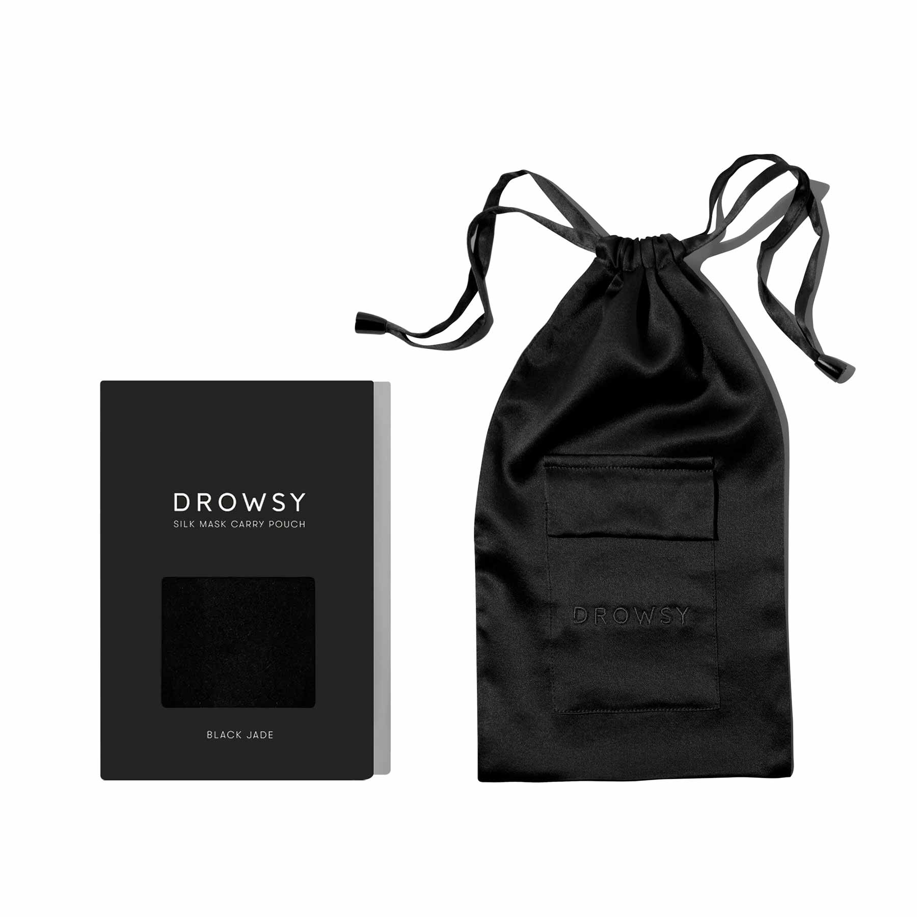 The Sensual sleep bundle - Black Jade by drowsysleepco includes a black silk mask carry pouch with a drawstring, shown next to its sleek black box labeled with the product name. Perfect for storing your Silk Sleep Mask.