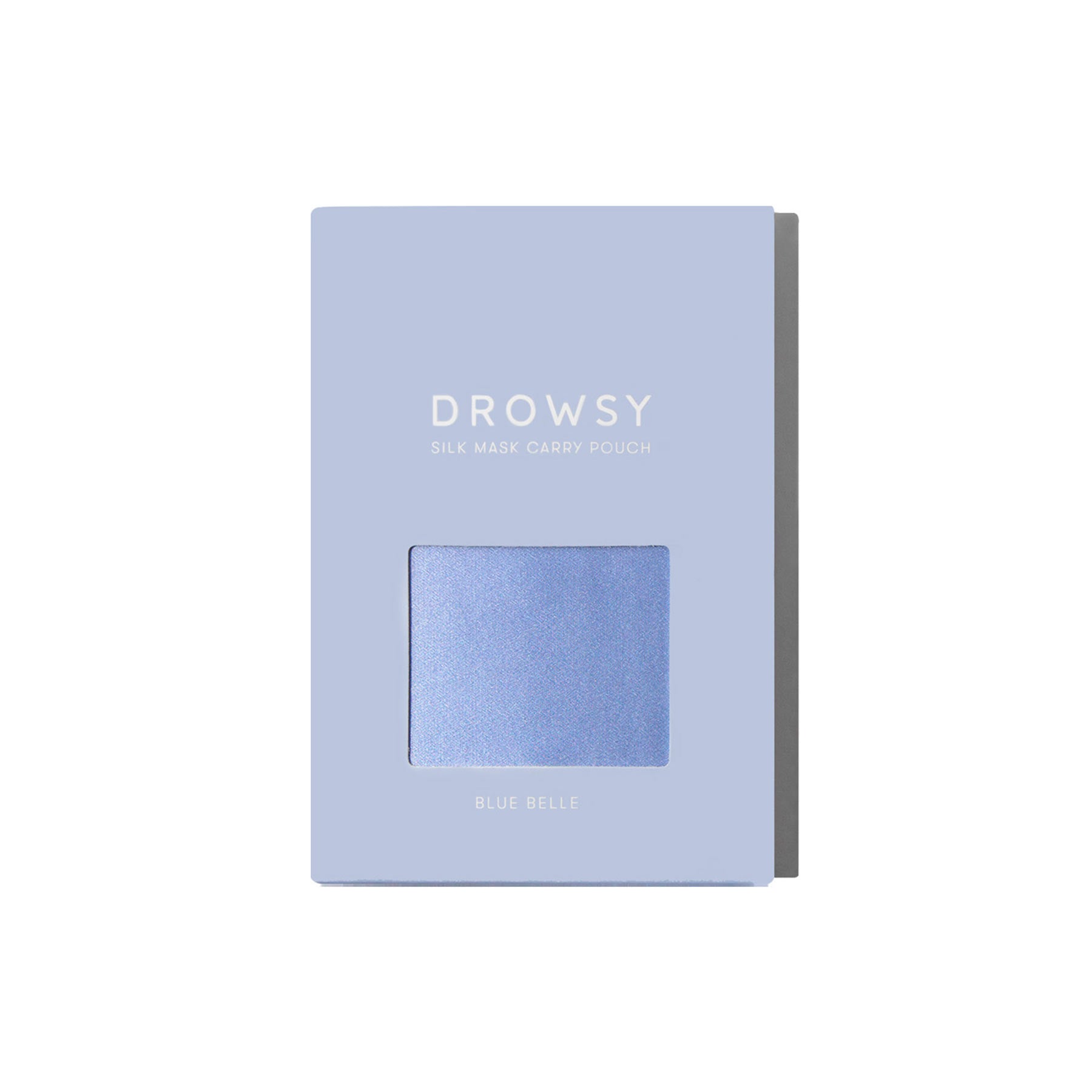 A light blue box labeled drowsysleepco features a window revealing a Blue Belle Silk Carry Pouch with a drawstring closure inside. Blue Belle appears at the bottom of the packaging.