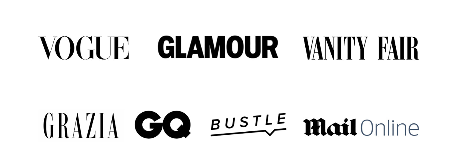 Logos of well-known magazines and media outlets: Vogue, Glamour, Vanity Fair, Grazia, GQ, Bustle, and MailOnline, displayed in black and white on a plain background.
