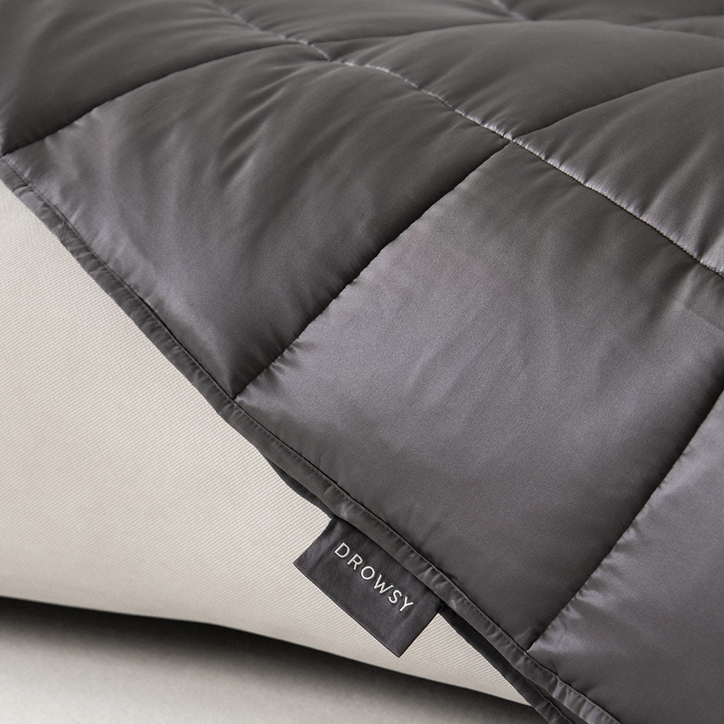 A close-up of the Moonlight Shadow Silk Weighted Blanket by drowsysleepco, in dark gray with a quilted design and a visible brand tag, draped over a light-colored surface.