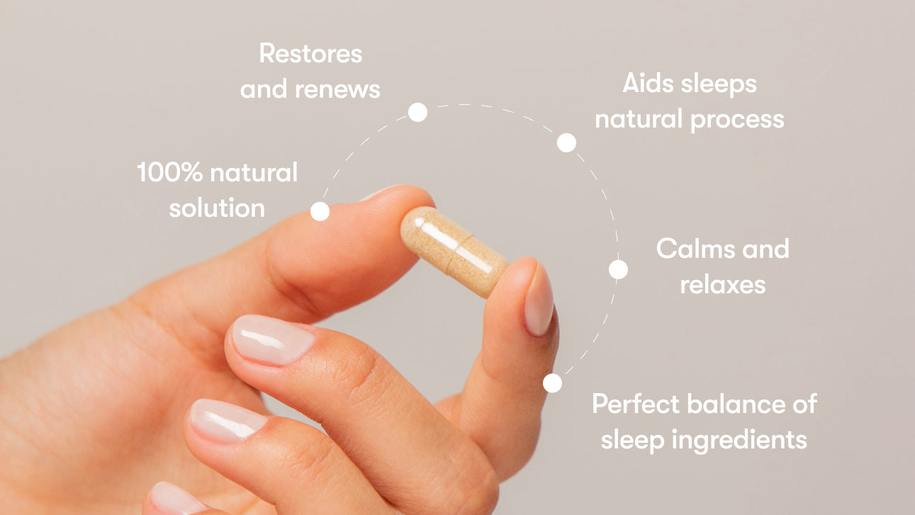 A hand with neatly manicured nails holds a capsule pill. Text around the pill highlights benefits: 100% natural solution, restores and renews, aids sleep’s natural process, calms and relaxes, perfect balance of sleep ingredients.