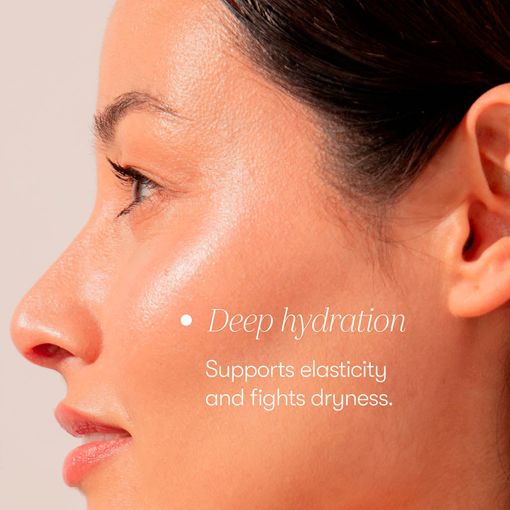 Close-up of a womans face in profile with glowing, hydrated skin. Text on the image reads: Deep hydration. drowsysleepco Supplements – Beauty Sleep Clinic supports elasticity and fights dryness for healthier skin.