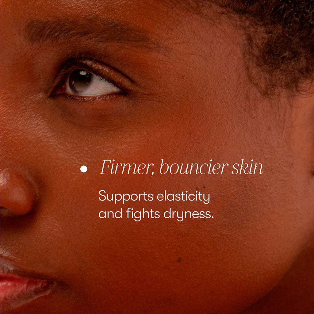 Close-up of a persons face with smooth, healthy skin. Text reads: Firmer, bouncier skin. drowsysleepco Supplements - Beauty Sleep Clinic support elasticity and fight dryness for healthier-looking skin.
