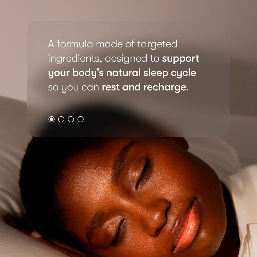 A person peacefully sleeps on their side, eyes closed. Text overlay: drowsysleepco Supplements - Sleep features targeted ingredients to support your natural sleep cycle so you relax deeply and wake up refreshed.