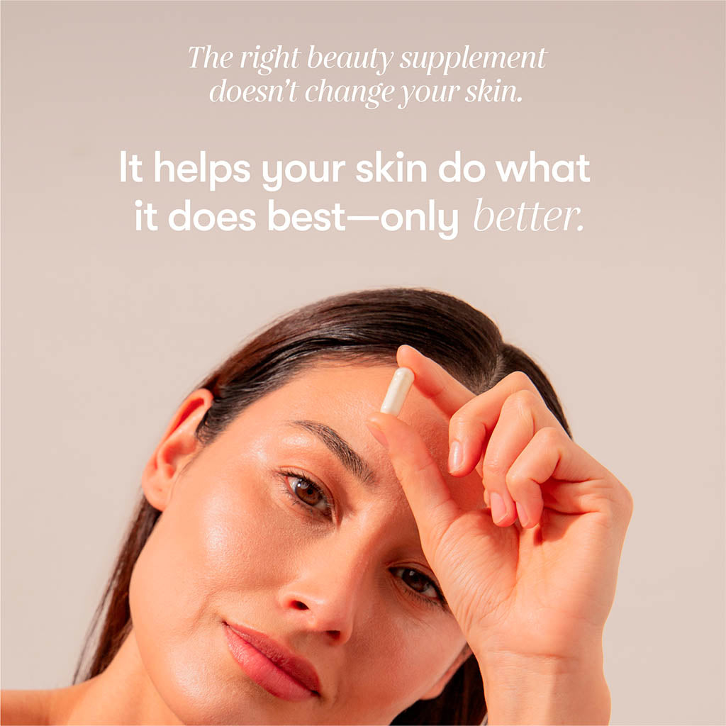 A woman holds a white capsule near her face against a neutral background. Text above her reads: drowsysleepco Supplements - Beauty Sleep Clinic helps your skin do what it does best—only better.