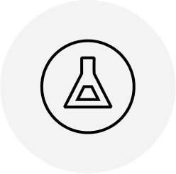 A simple black line drawing of a laboratory flask inside a circle on a light gray background.
