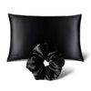 The Perfect hair bundle Black Jade by drowsysleepco features a black silk pillowcase paired with a matching silk scrunchie, both elegantly displayed against a crisp white background.