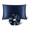 The drowsysleepco Perfect Hair Bundle Midnight Blue features a silk pillowcase and matching padded scrunchie, beautifully displayed on a plain white background.