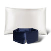 The Perfect Skin Bundle Midnight Blue by drowsysleepco includes a white pillow with a subtle logo and a dark navy blue padded silk sleep mask, both branded—ideal for enhancing your beauty sleep.