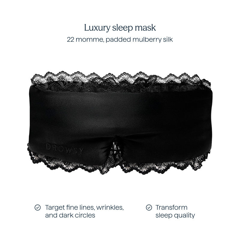 The Paris Love Story - Black Jade Sleep Mask by drowsysleepco features 22 momme black mulberry silk with lace trim, targeting fine lines, wrinkles, and dark circles while enhancing sleep quality with skincare benefits.