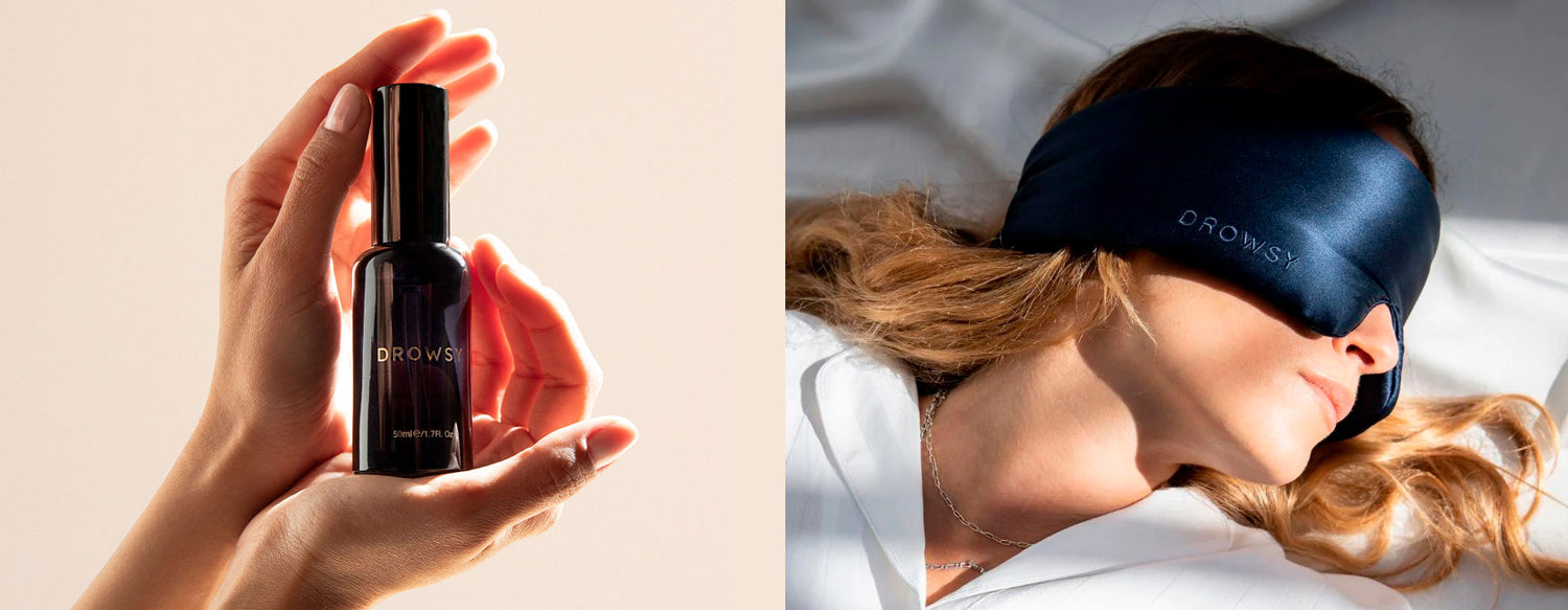 On the left, two hands hold a bottle labeled  Drowsy. On the right, a woman wearing a navy sleep mask lies down, her head resting on a pillow in bright sunlight.
